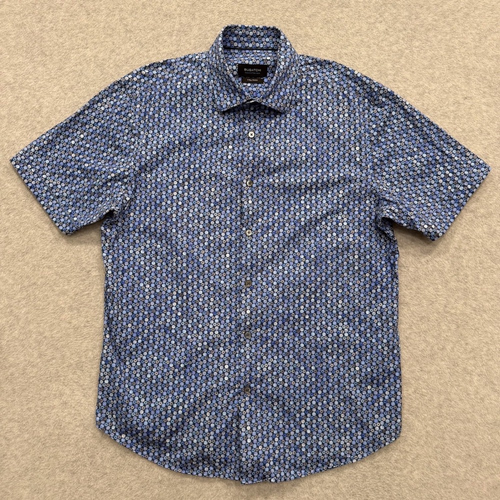 Bugatchi Shirt Mens L Navy OoohCotton Tech 8 Way Stretch Short Sleeve Button